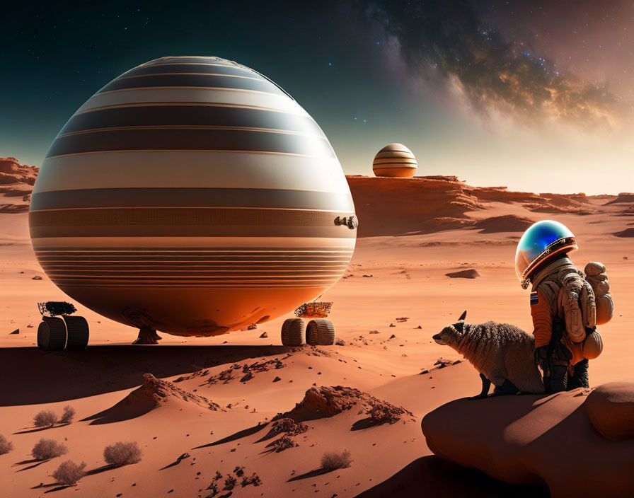 Astronaut and dog on alien desert with ringed planet in dusky sky