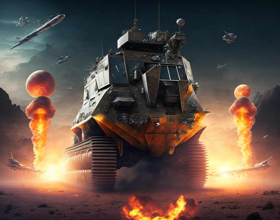 Armored vehicle with tank-like tracks on desolate battlefield with explosions and hovering aircraft.