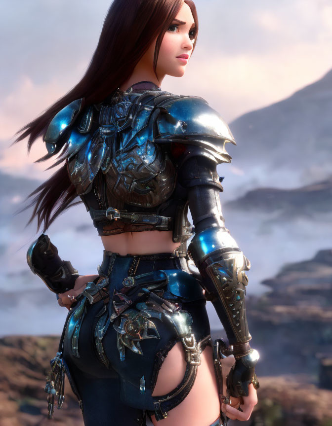 Female warrior in detailed metallic armor with long brown hair, overlooking misty mountain landscape