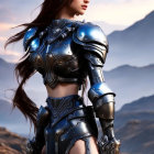 Female warrior in detailed metallic armor with long brown hair, overlooking misty mountain landscape