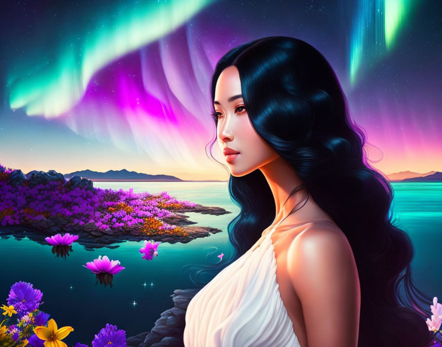 Digital artwork: Woman with dark hair looking at aurora borealis over lake