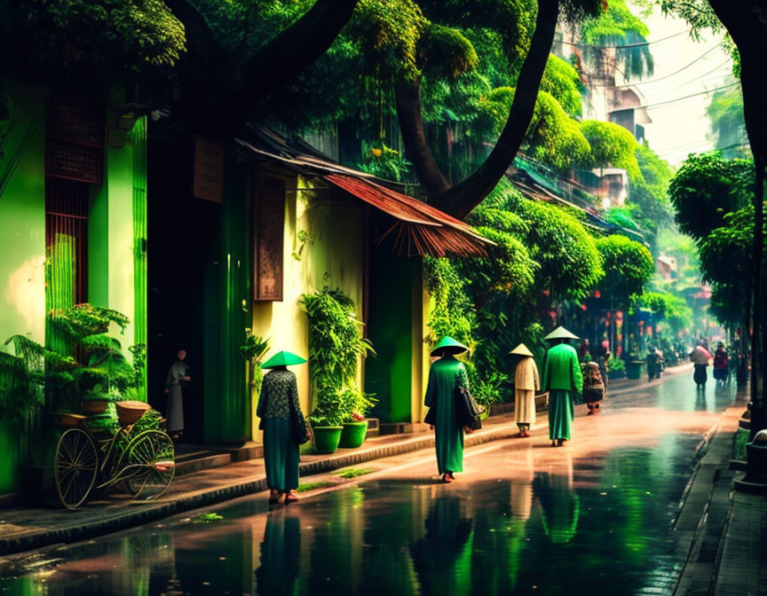 Tranquil street scene with lush trees, conical hats, bicycle, and green building.