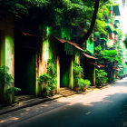 Tranquil street scene with lush trees, conical hats, bicycle, and green building.