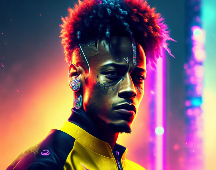 Person with Red and Black Mohawk and Futuristic Face Markings in Neon-lit Portrait