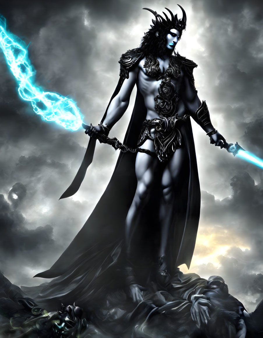 Fantasy figure in dark armor with glowing blue sword under stormy sky