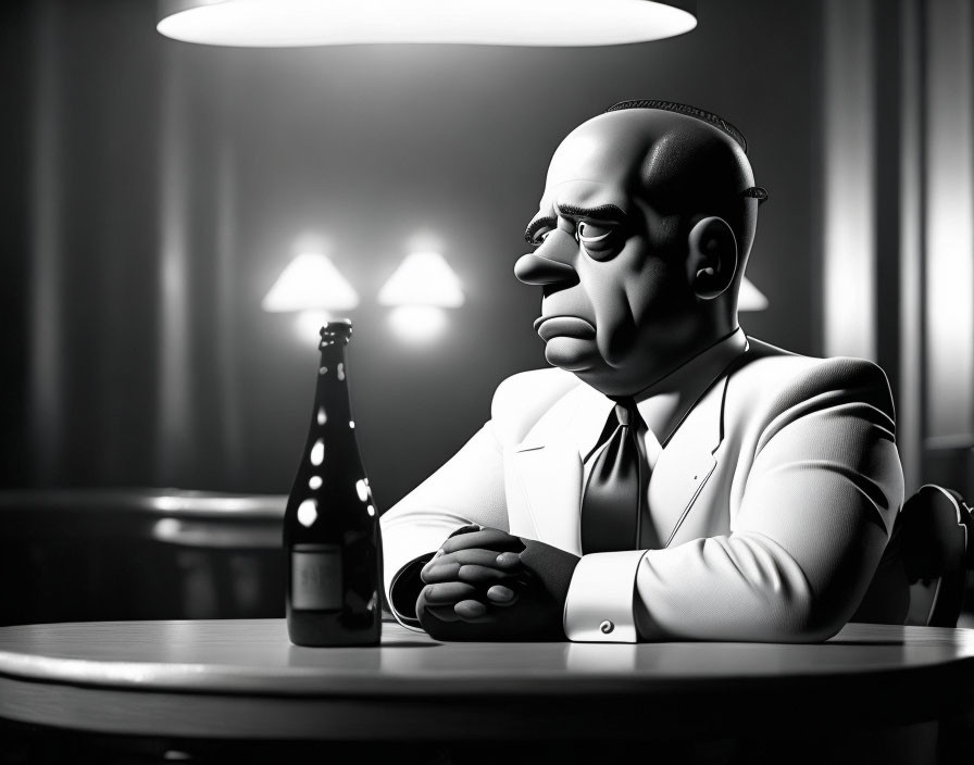 Monochrome 3D-animated bald man sitting at table with beer bottle under dim light