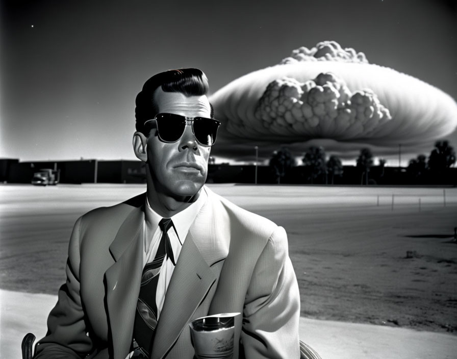 Man in suit with drink next to nuclear explosion mushroom cloud