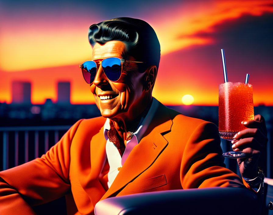 Vibrant orange suit animated man enjoying drink in sunset cityscape