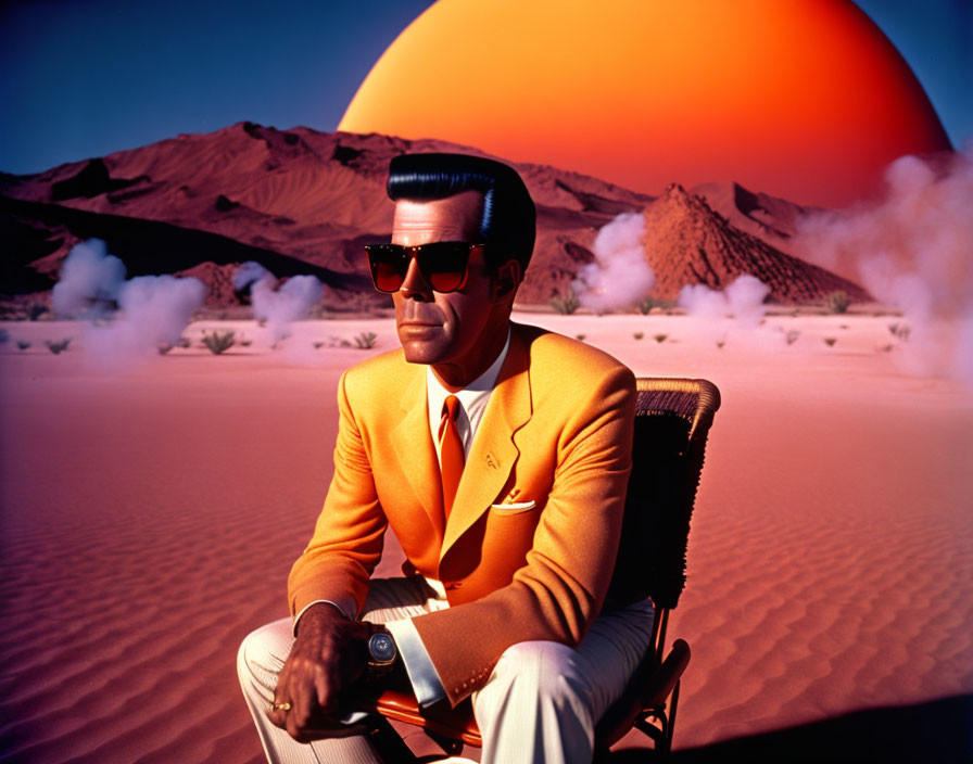 Man in suit and sunglasses sits in desert chair with oversized sun backdrop