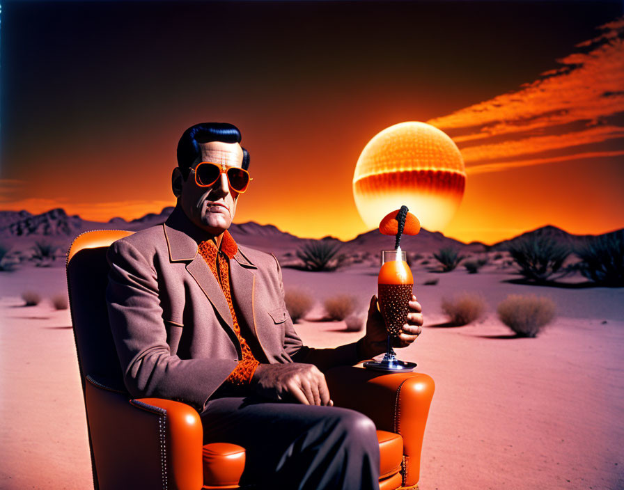 Man in suit and sunglasses with drink in desert under oversized surreal sun.