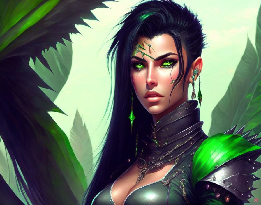 Digital Art: Woman with Green Eyes, Black Hair, Pointed Ears, and Green Armor