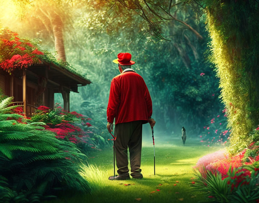 Elderly person in red sweater and hat on garden path by traditional house