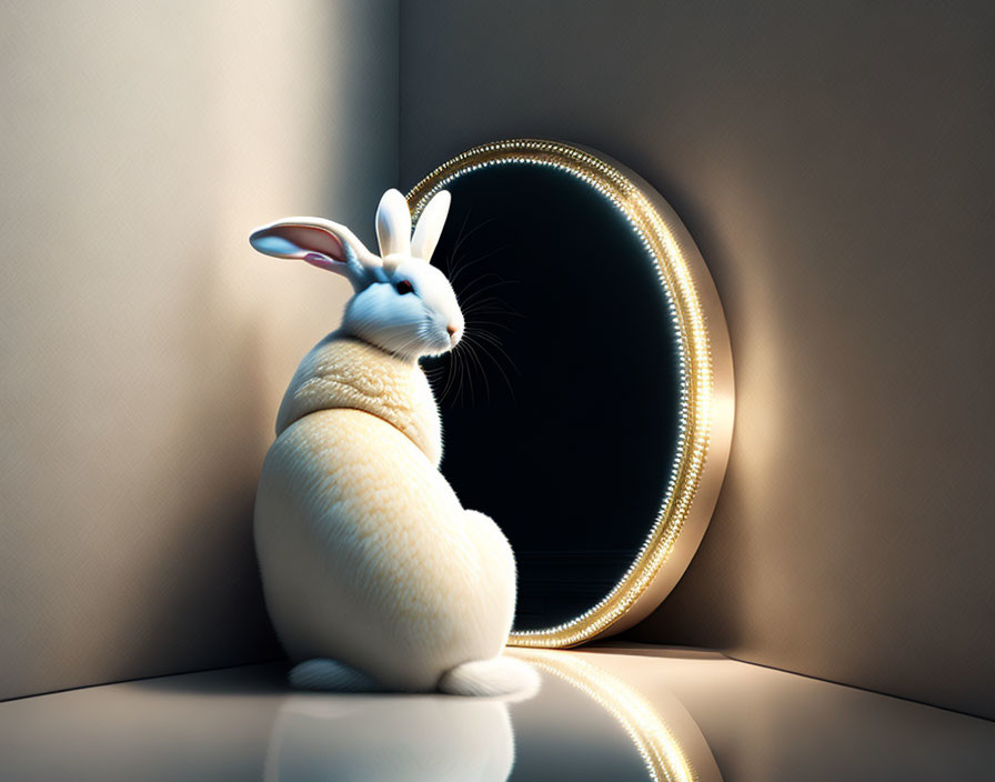 White Rabbit Reflecting in Oval Mirror in 3D Render