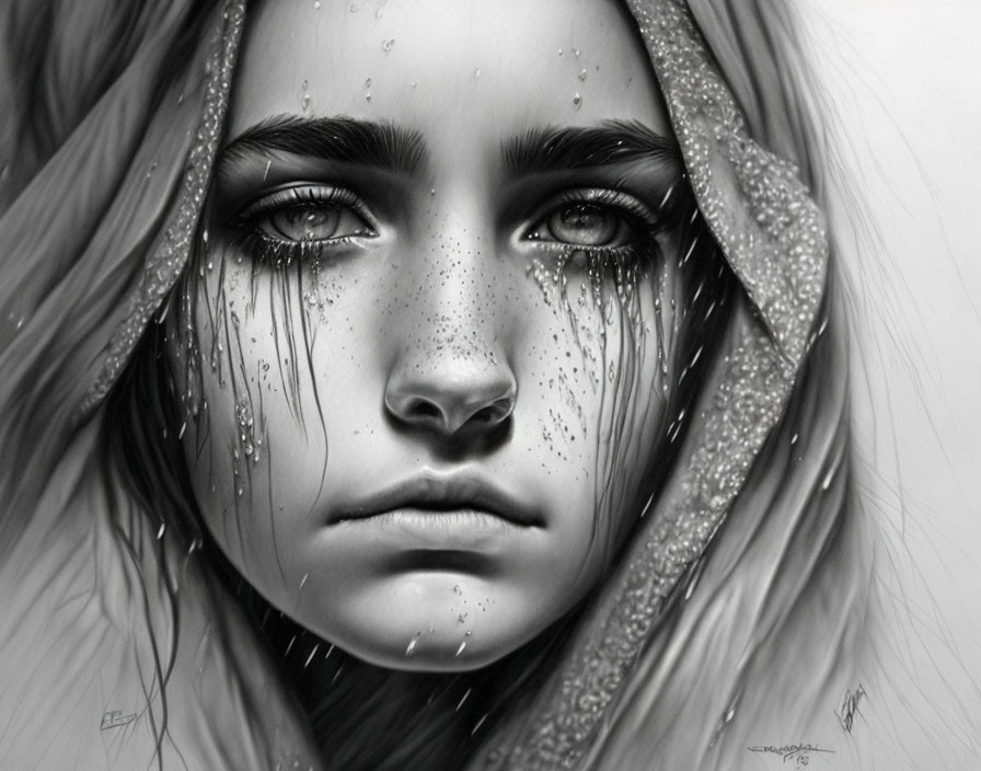 Monochrome portrait of a hooded figure with intense eyes and tears