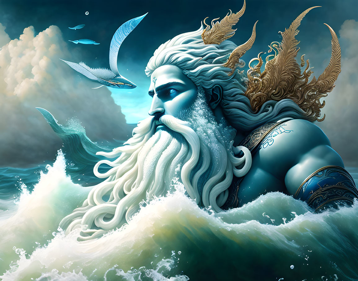 Mythical sea god in armor with crown and flying birds artwork