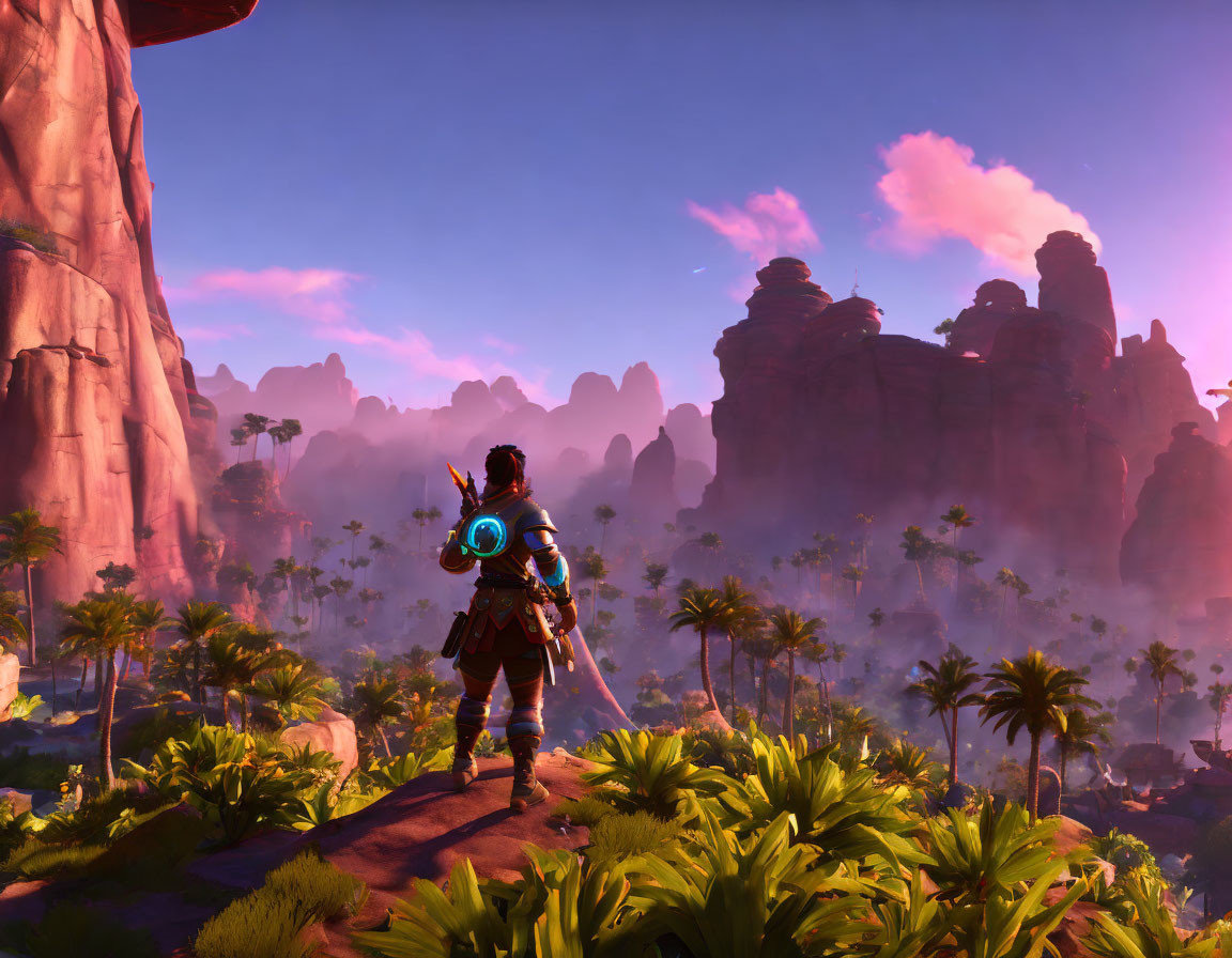 Video game character on cliff overlooking lush jungle and rock formations