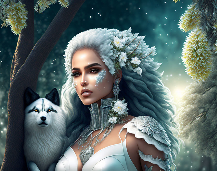 Fantasy illustration of woman with white hair, white wolf, and glowing trees on starry night.