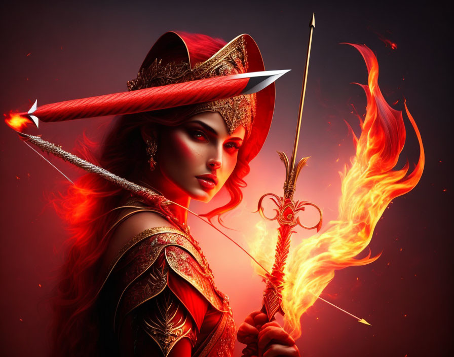 Warrior woman with fiery arrow, red and gold armor, surrounded by flames