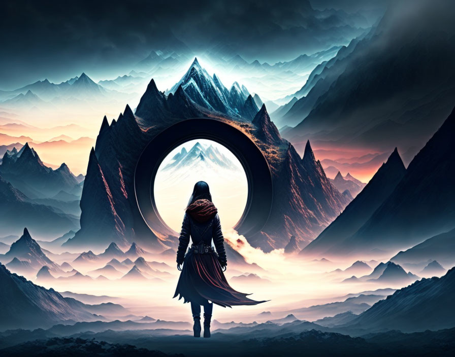 Mysterious figure in cloak at circular gateway in mystical landscape