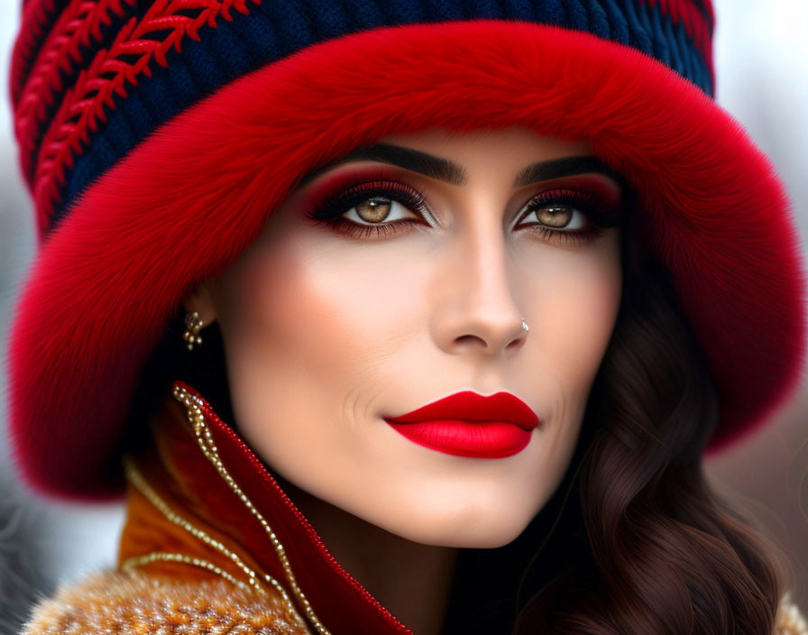 Digital portrait of woman with red lipstick and eyeshadow, wearing red hat and blurred background