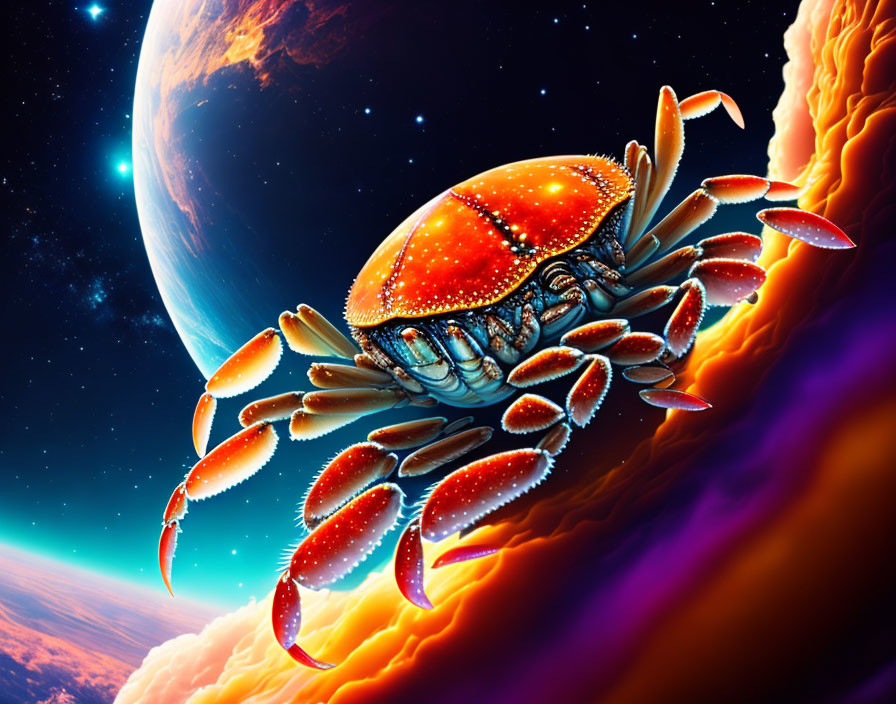 Colorful digital artwork: Giant crab with glowing shell in cosmic setting