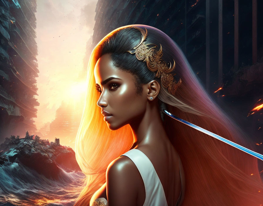 Digital artwork: Woman with glowing hair and futuristic blade in dystopian cityscape at sunset