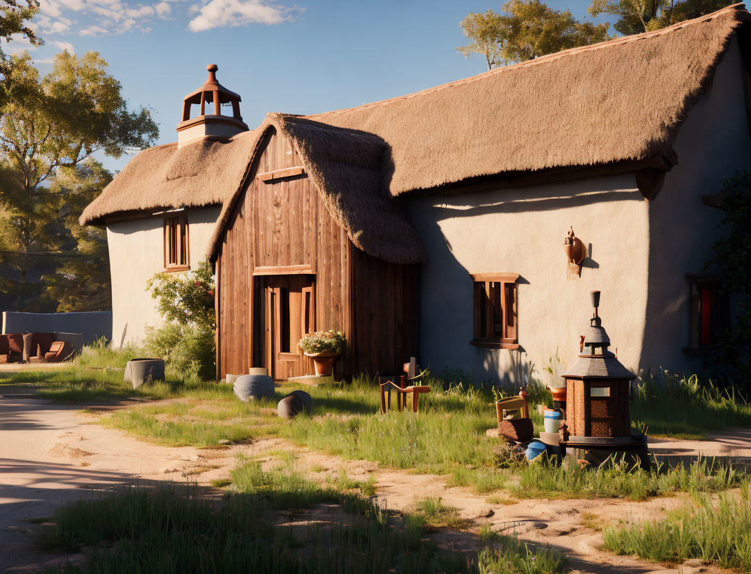 Thatched-Roof Cottage at Sunset with Wooden Doors and Greenery