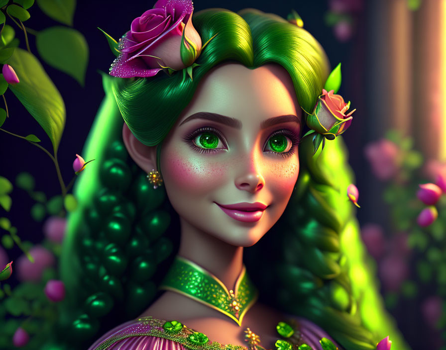 Colorful digital art featuring female figure with green hair, roses, floral attire.