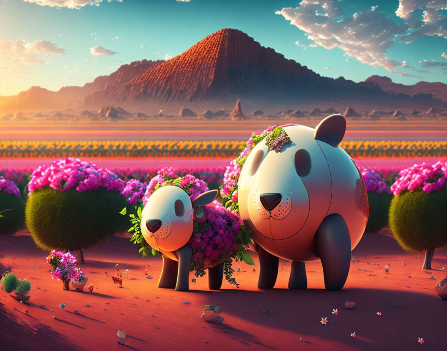 Stylized panda and sheep in surreal landscape with vibrant fields and hills