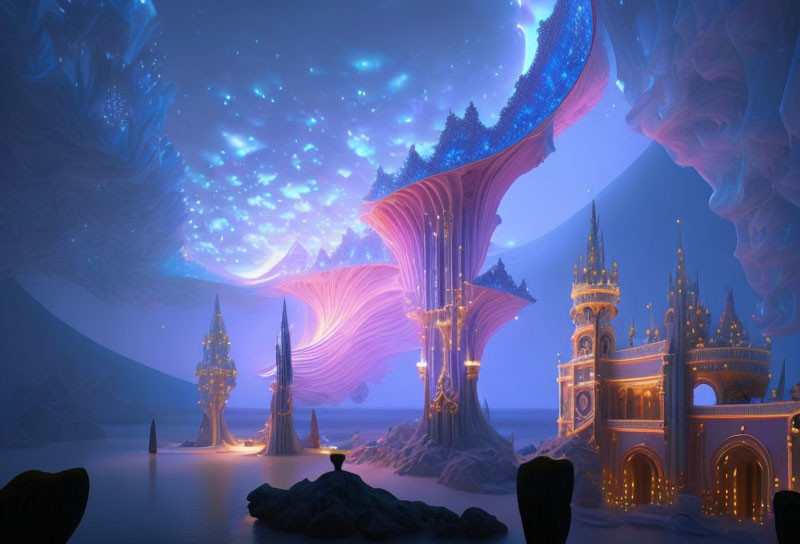 Ethereal fantasy landscape with glowing trees and illuminated castles