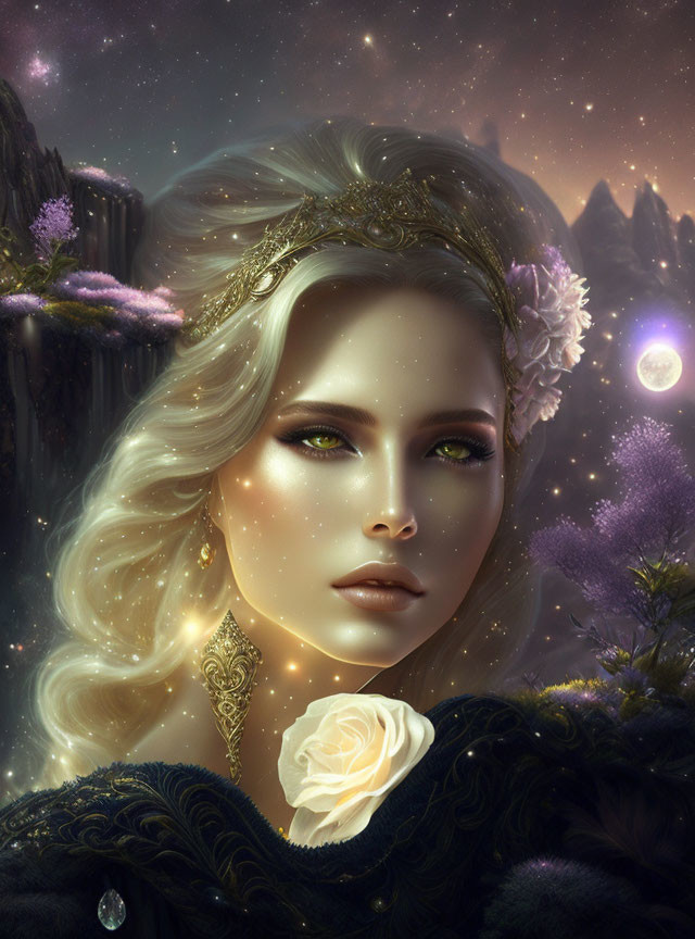 Blonde Woman with Gold Tiara and White Rose in Mystical Night Scene