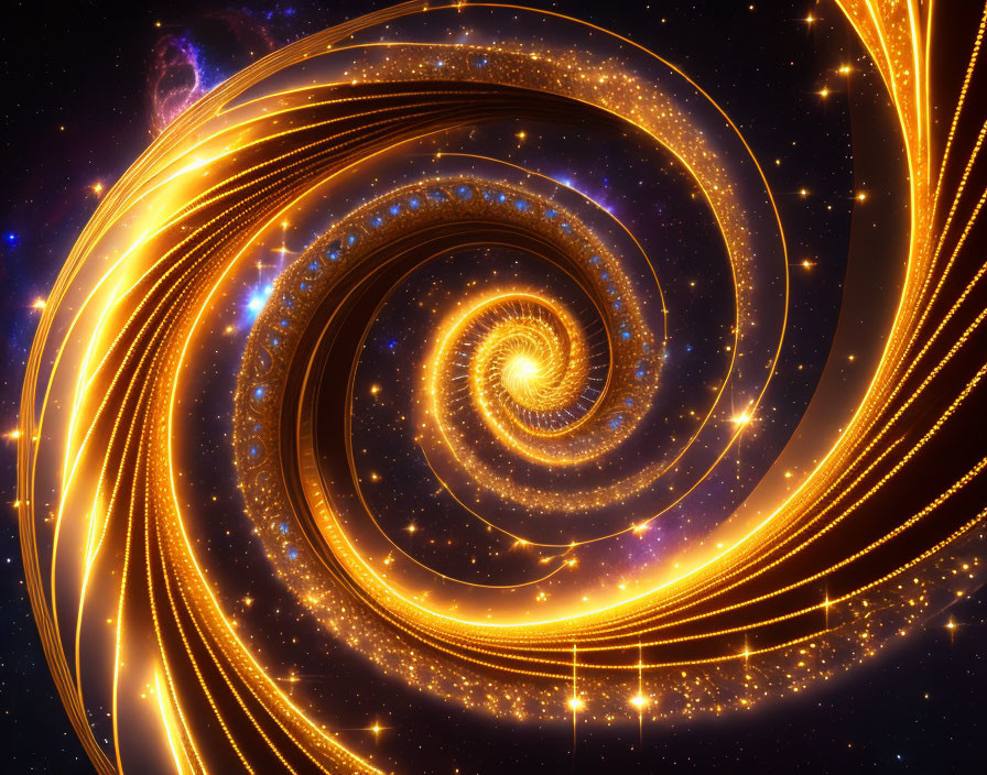 Vibrant digital artwork: Golden spiral galaxy with luminous arms against cosmic backdrop