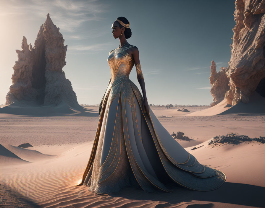 Woman in elegant golden dress in desert with intricate rock formations