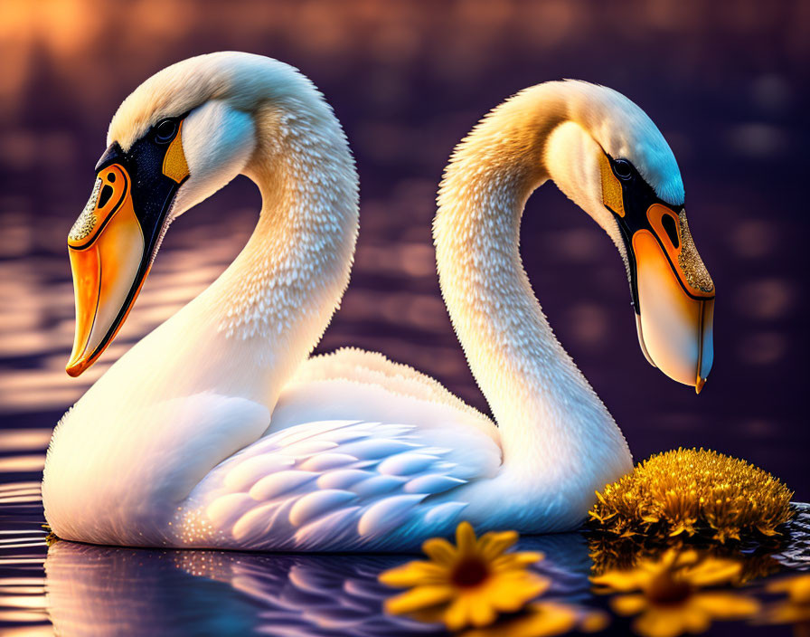 Swans on Water at Twilight with Bright Orange Beaks