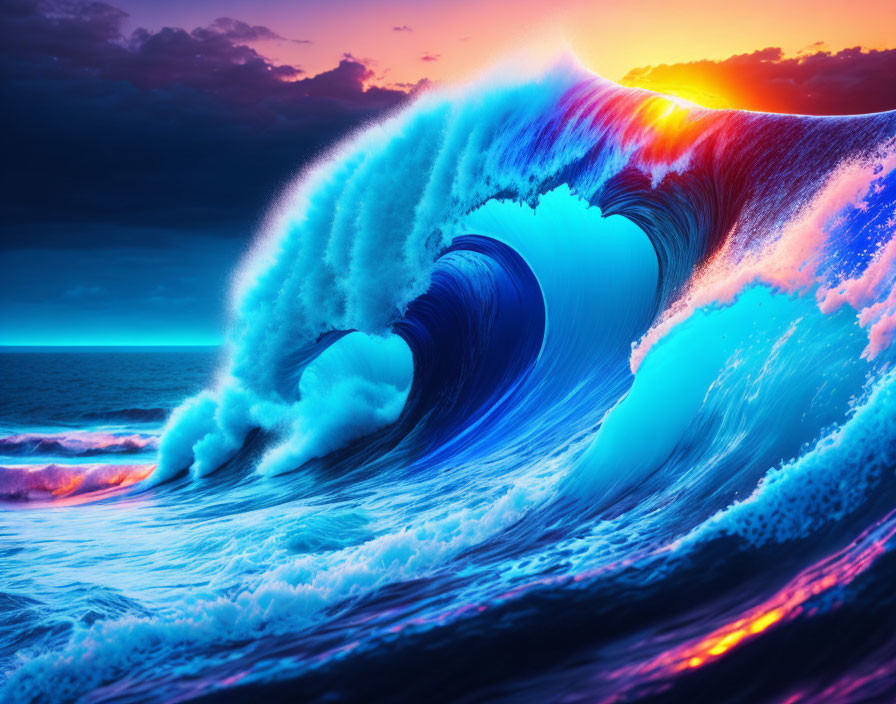 Colorful Ocean Wave Curling at Sunset Sky