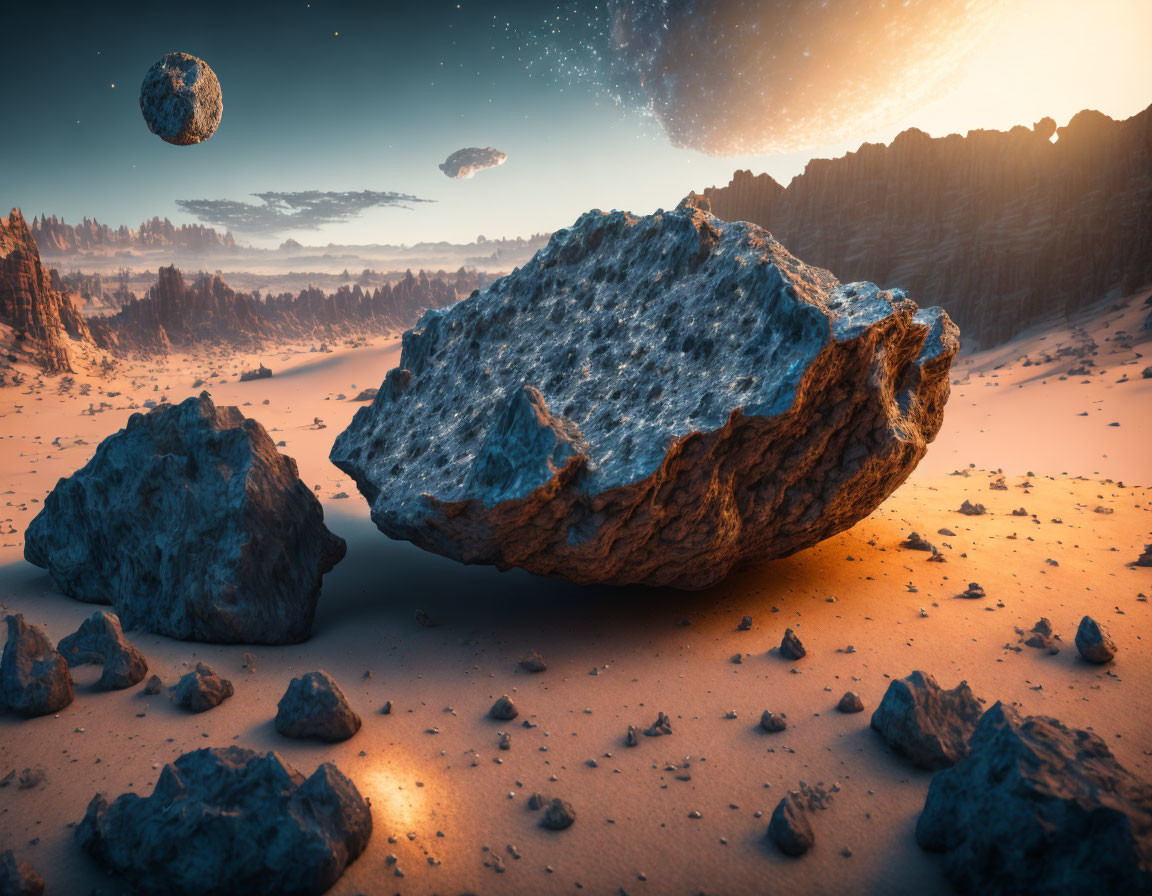 Surreal landscape with floating rocks, desert, mountains, and celestial bodies