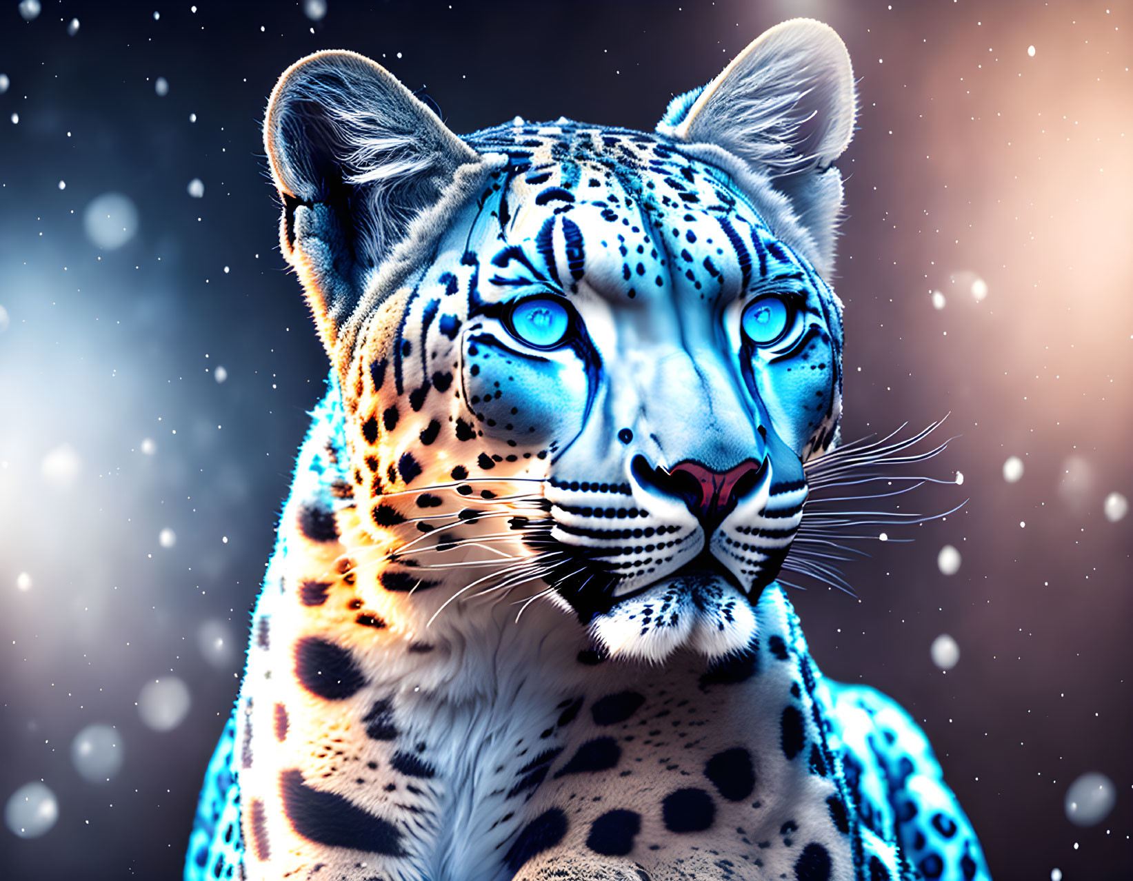 Detailed Snow Leopard Illustration with Blue Eyes in Falling Snow