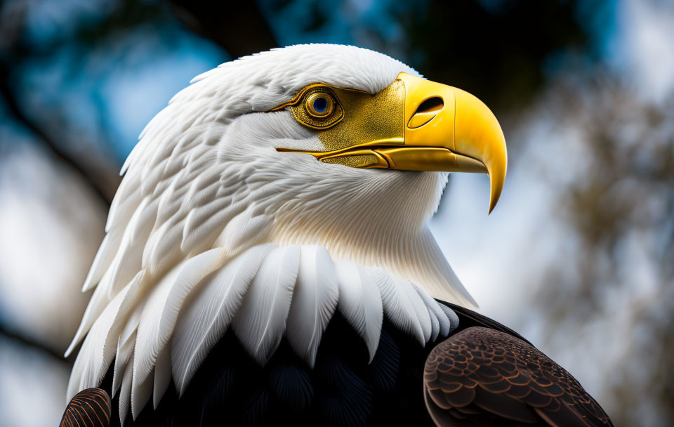 Detailed Close-Up of Bald Eagle's Head with Sharp Beak and Intense Yellow Eye