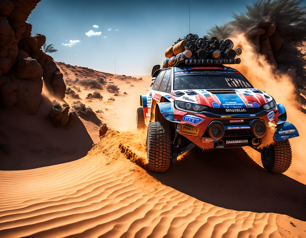 Rally car with gear racing over desert sand dune