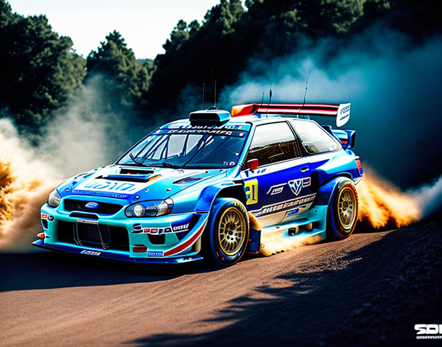 Blue rally car with race decals drifting on gravel road under clear sky