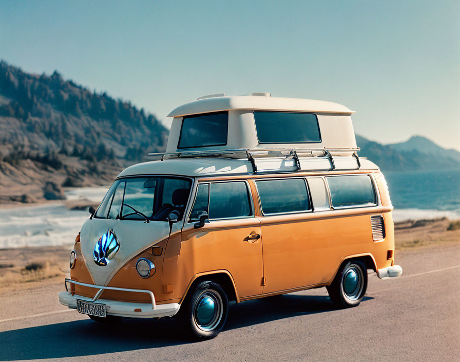 Vintage Orange Volkswagen Camper Van with Surfboard on Coastal Road