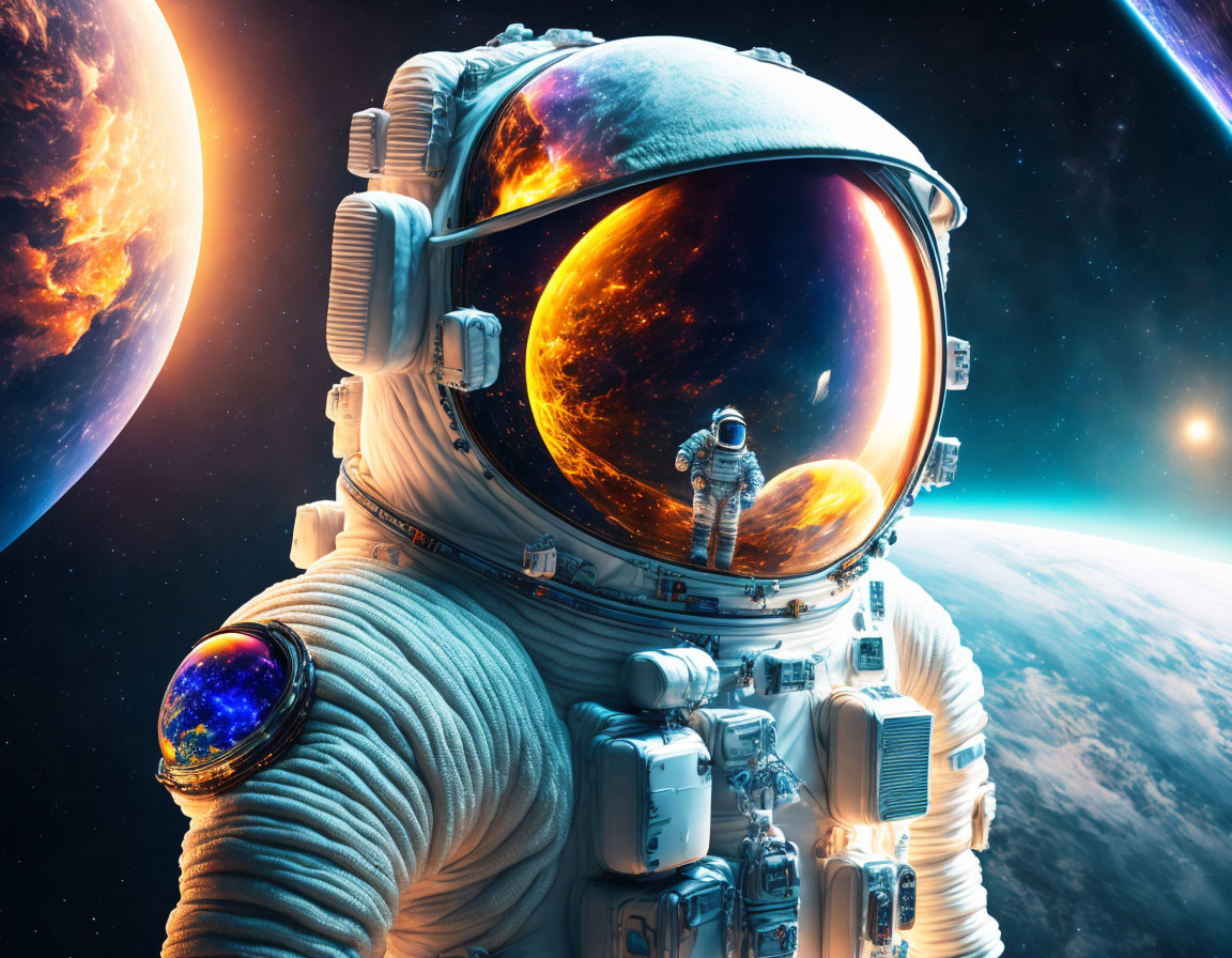 Detailed astronaut in space suit with fiery planet reflection in visor against starry backdrop