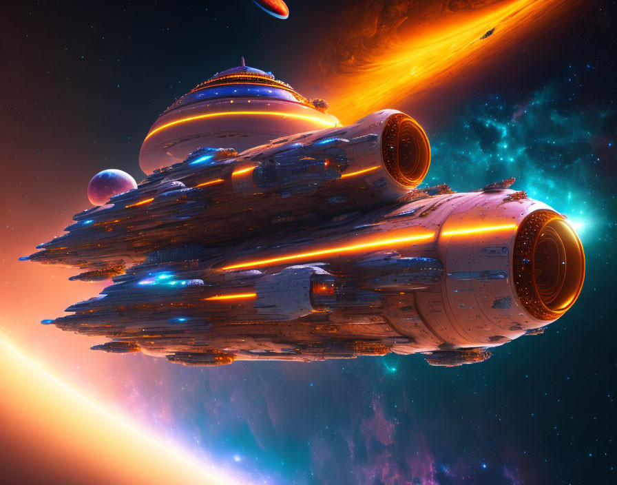 Futuristic spaceship in vibrant space scene with glowing engines