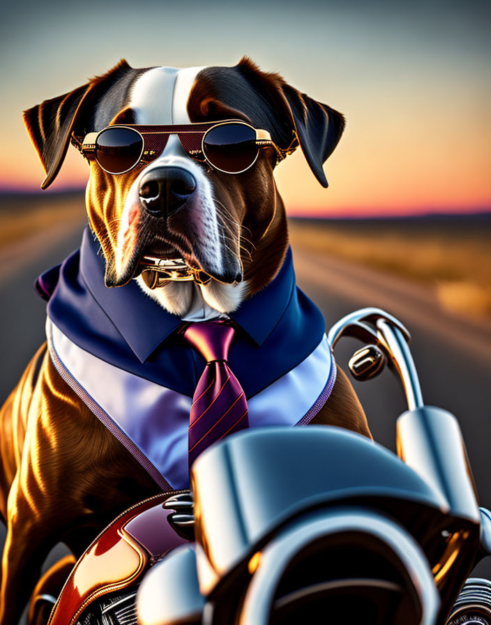 Stylish Dog in Sunglasses and Tie on Motorcycle at Sunset