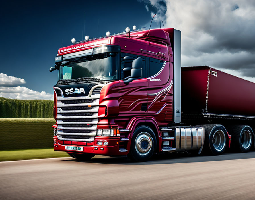 Red Semi-Truck with Sleek Design on Road with Clear Blue Sky