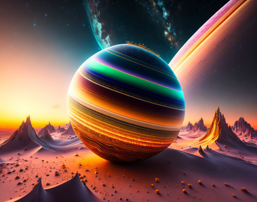 Colorful Striped Planet Hovers Over Surreal Landscape