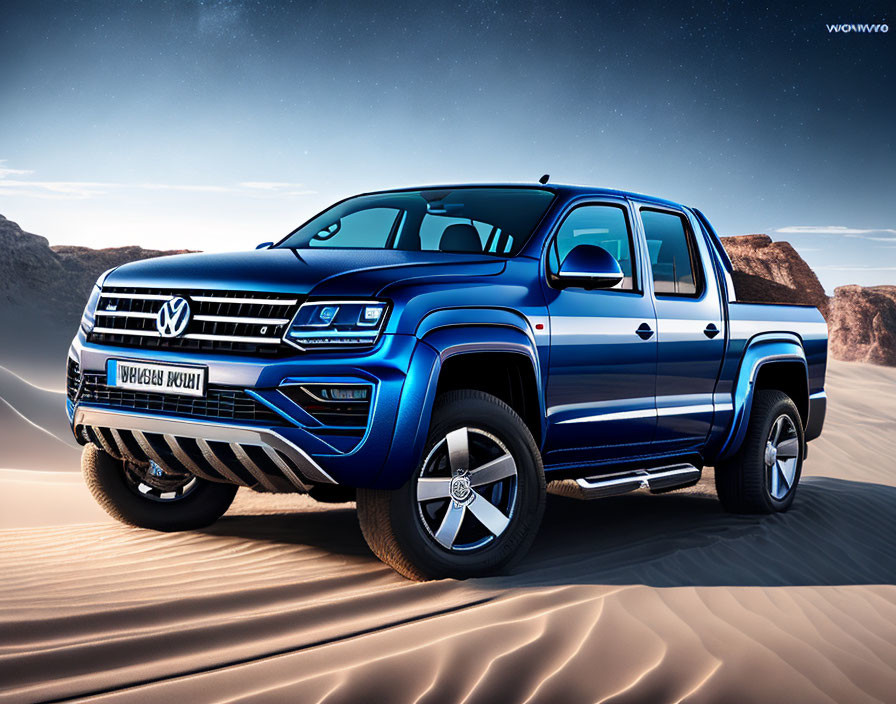 Blue Volkswagen pickup truck in desert with dynamic shadows