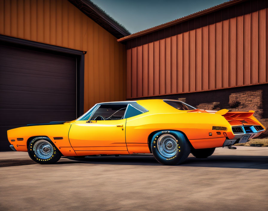 Bright orange muscle car with black stripes and rear spoiler parked in front of orange building under blue sky