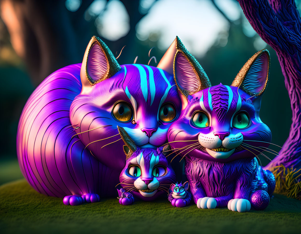 Whimsical colorful cats with oversized eyes in lush setting