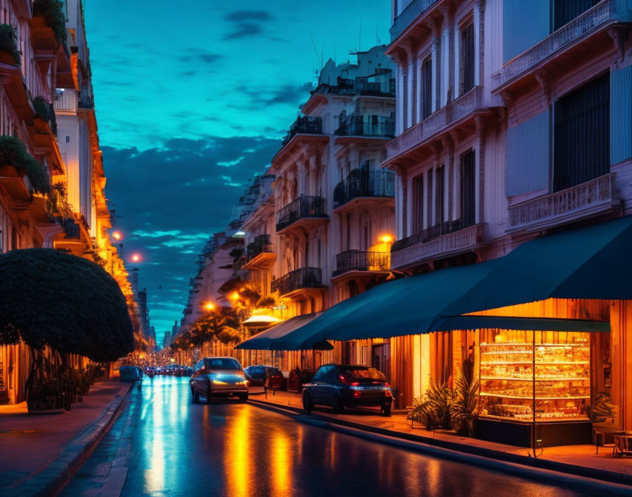 City street at twilight with elegant buildings, glowing storefronts, and street lamps under blue sky